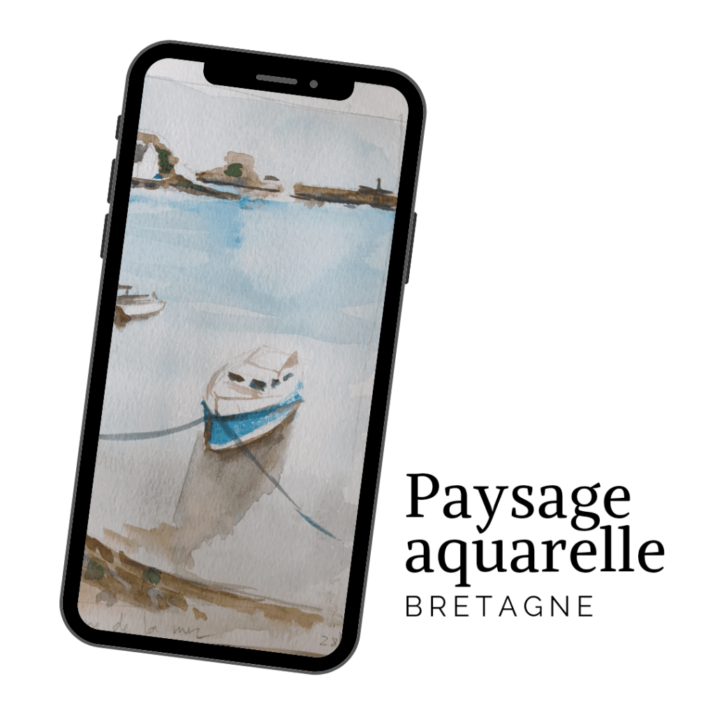 aquarelle paysage bretagne bateau marrée haute