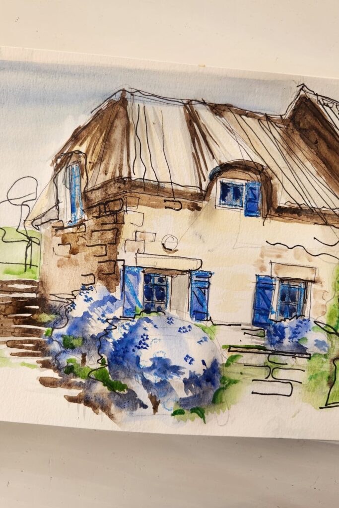 Une chaumière bretonne à l’aquarelle : croquis rapide à l’encre et à l’eau