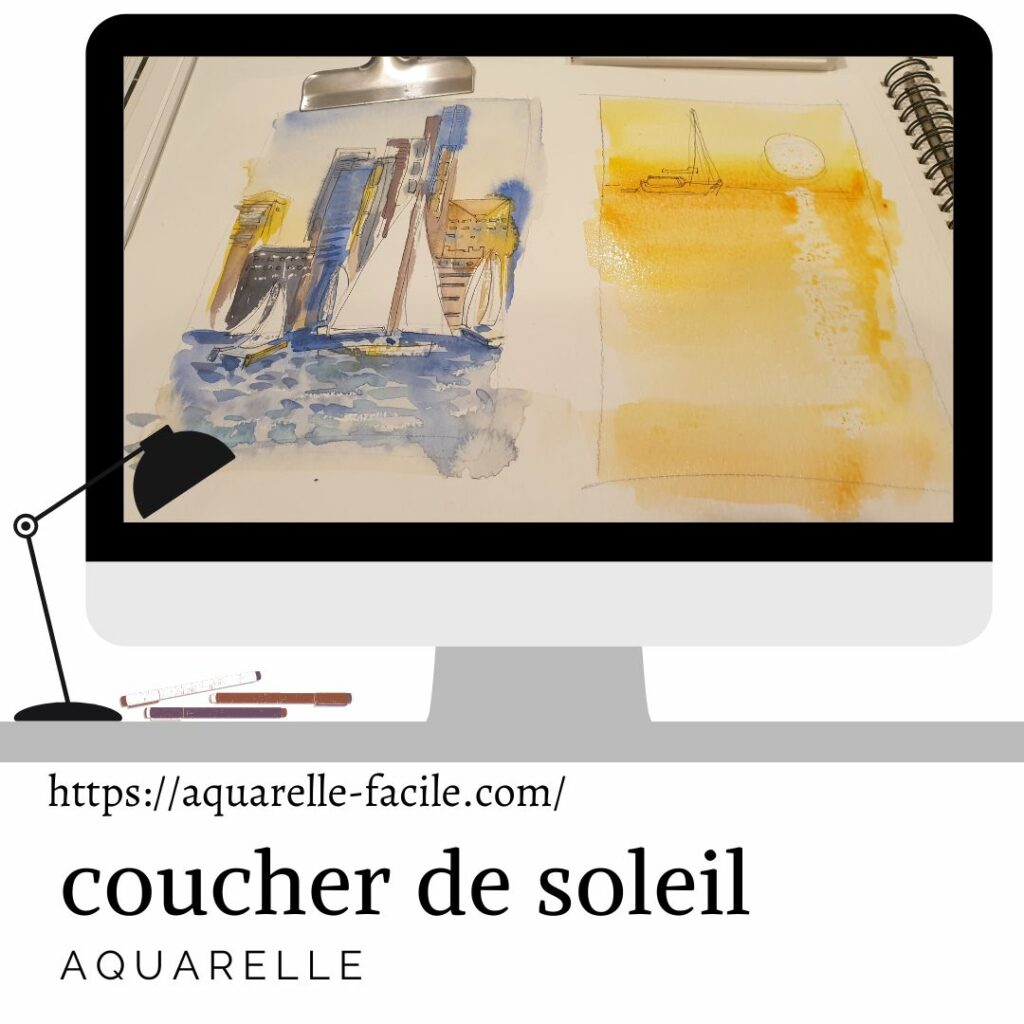 aquarelle coucher de soleil sur la mer