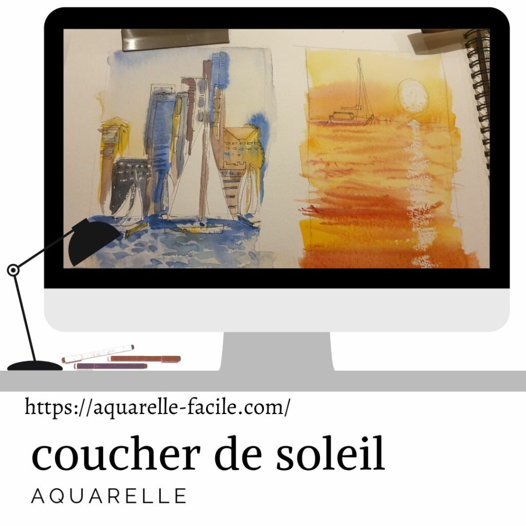 aquarelle coucher de soleil sur la mer