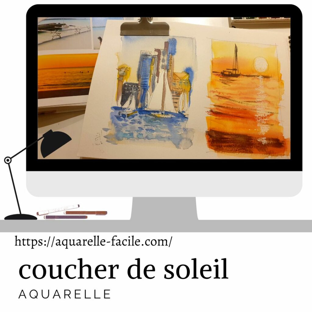 aquarelle coucher de soleil sur la mer