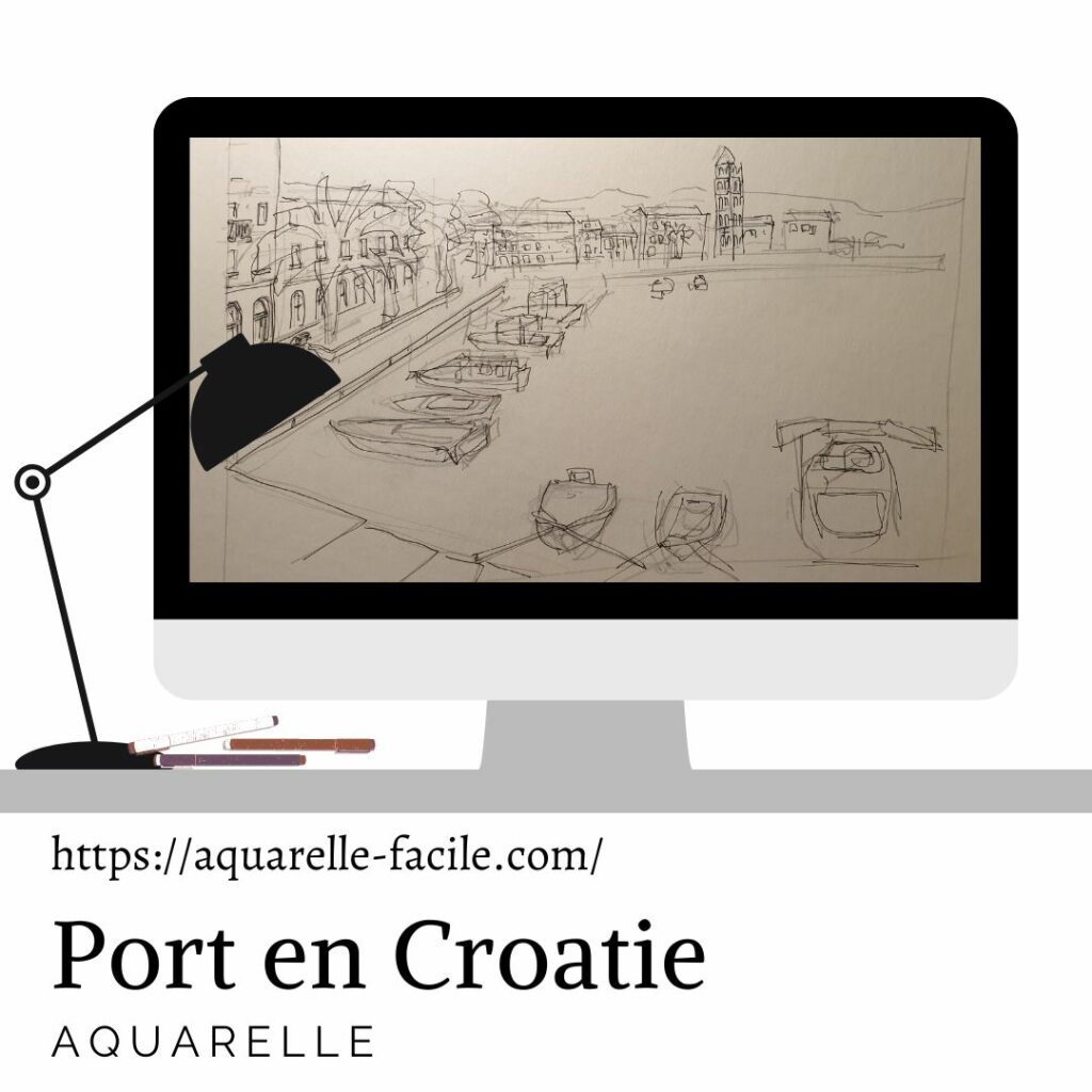 aquarelle port en Croatie, Split dessina u trait