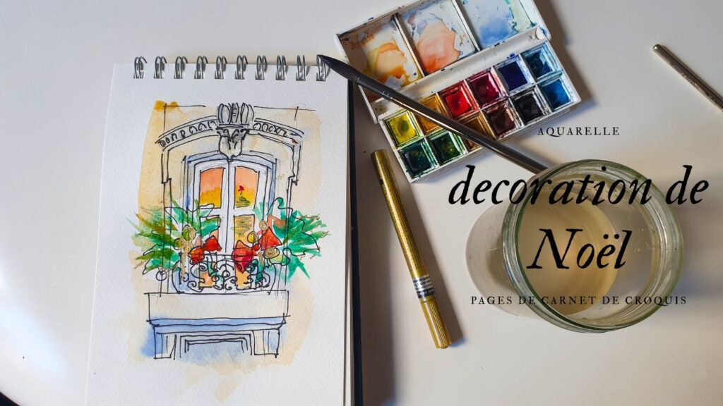 aquarelle facile Noêl fenêre décorée