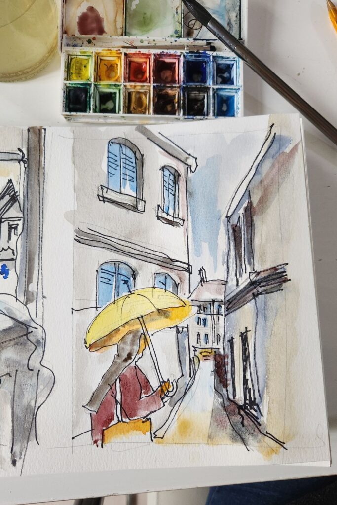 Croquis aquarelle: un dessin de rue un jour de pluie