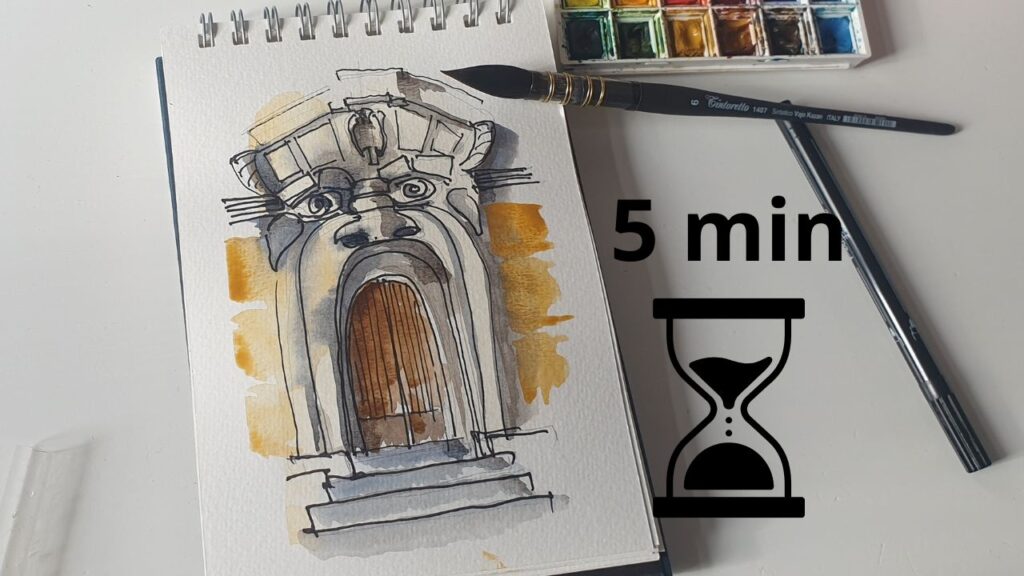 Aquarelle facile: croquis de voyage porte d’immeuble à Rome, Italie