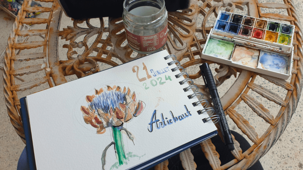 Dessin rapide d'une fleur d'artichaut à l'aquarelle