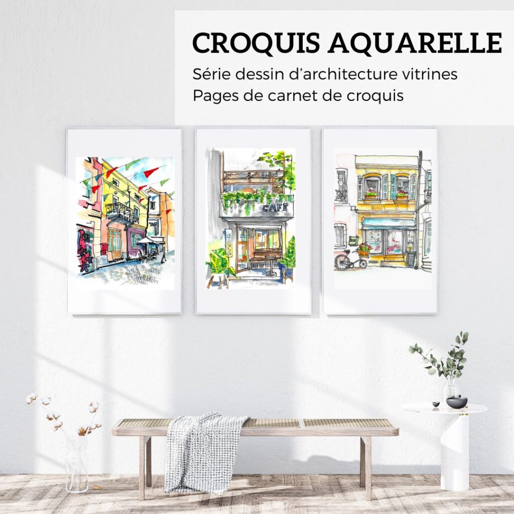 croquis aquarelle devanture de magasin