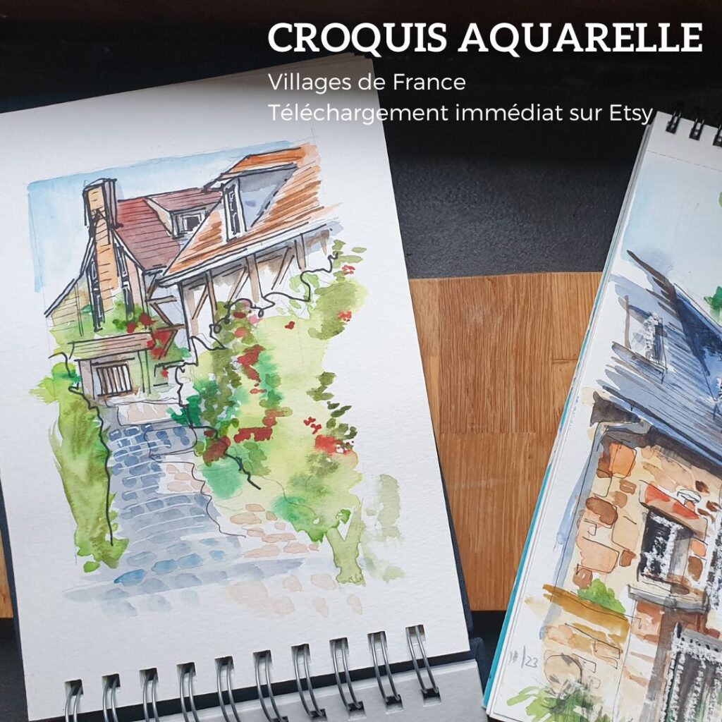 Croquis aquarelle de village de charme de France : une ruelle étroite