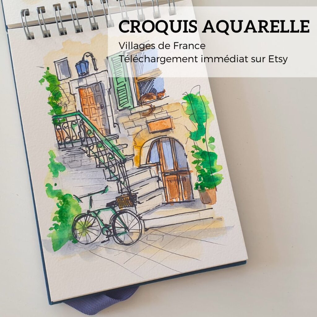 Croquis aquarelle de village de charme de France : une maison avec étage et un vélo