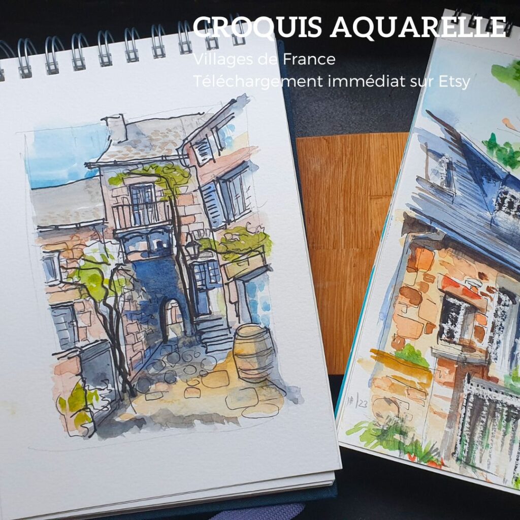 Croquis aquarelle de village de charme de France : une maison qui superpose un passage