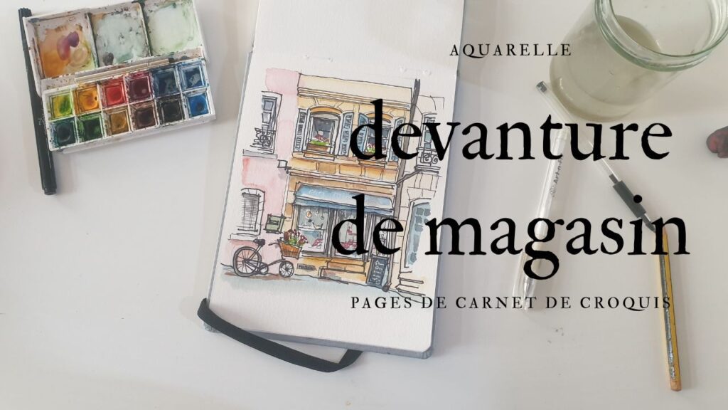 Devanture de magasin avec un vélo, peinture aquarelle