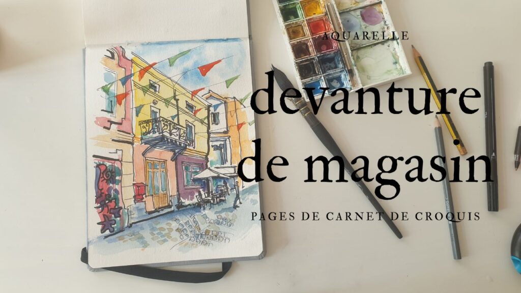 Devanture de magasin de la vileille ville, jour de fête , croqusi aquarelle