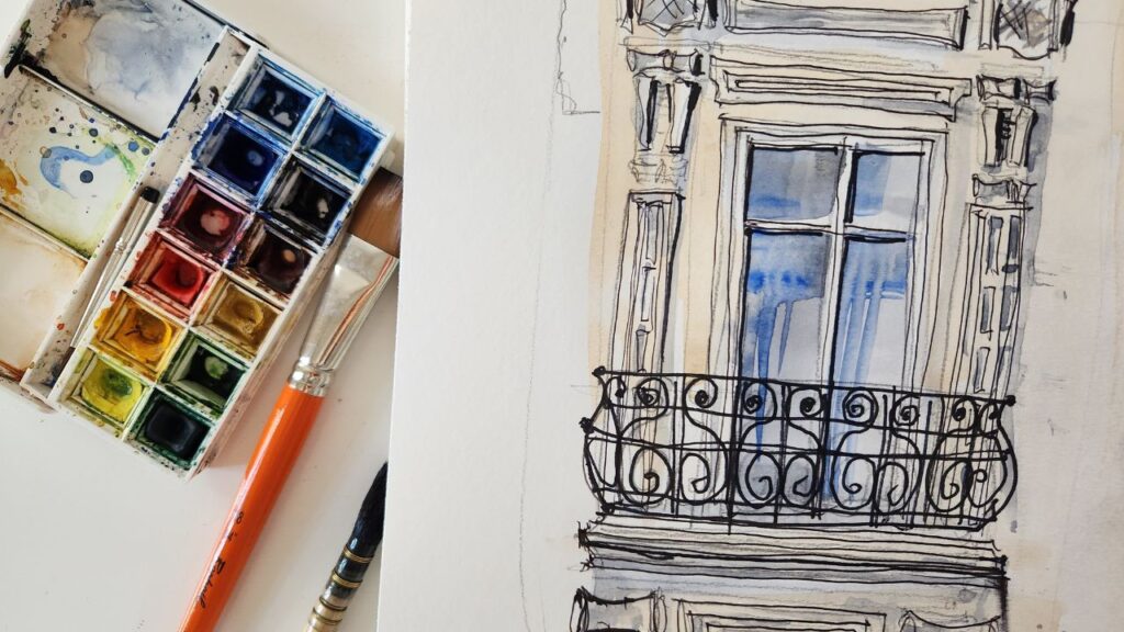Croquis urbain à l’aquarelle IMMEUBLE HAUSSMANNIEN détail d’architecture
