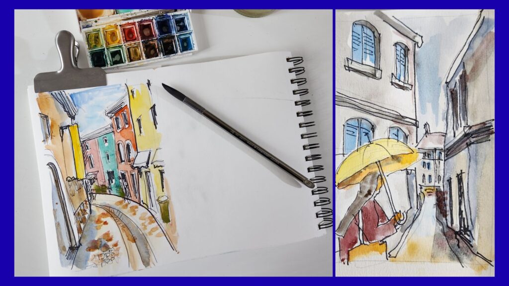 Croquis urbain à l’aquarelle : deux rues de la vieille ville pas à pas