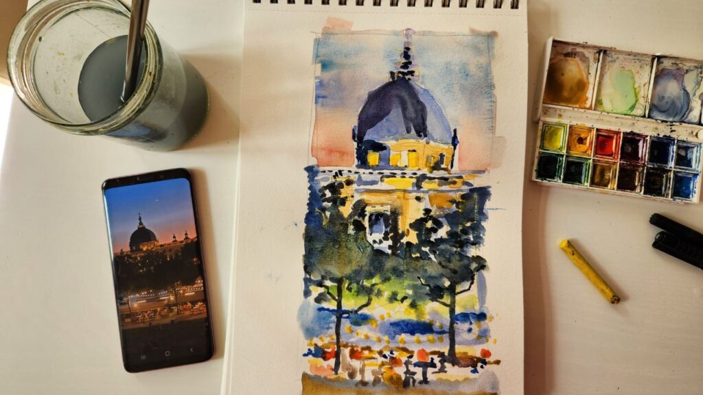 Aquarelle facile de l’Hôtel-Dieu de Lyon | Dessin d’architecture urbain de nuit
