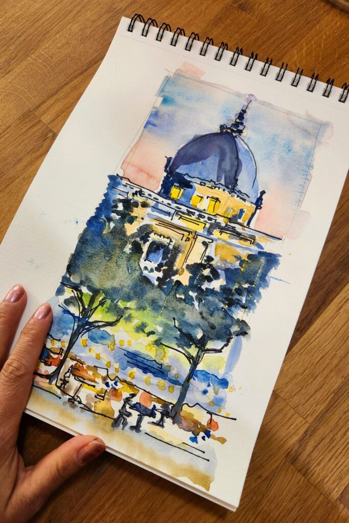 Aquarelle facile de l’Hôtel-Dieu de Lyon | Dessin d’architecture urbain de nuit
