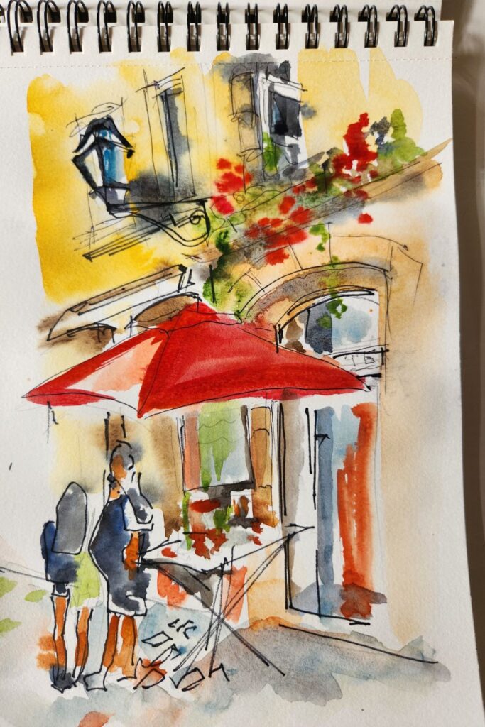 Croquis urbain à l'aquarelle d'un commerce du Vieux Lyon