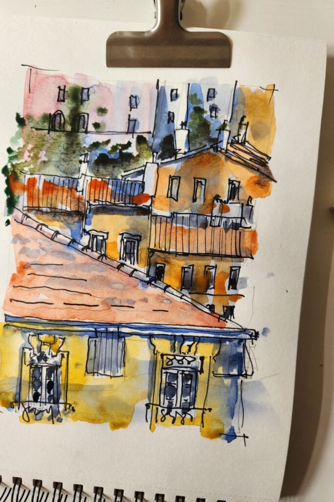 Croquis urbain: les pentes de la Croix Rousse à Lyon, dessin encre et aquarelle