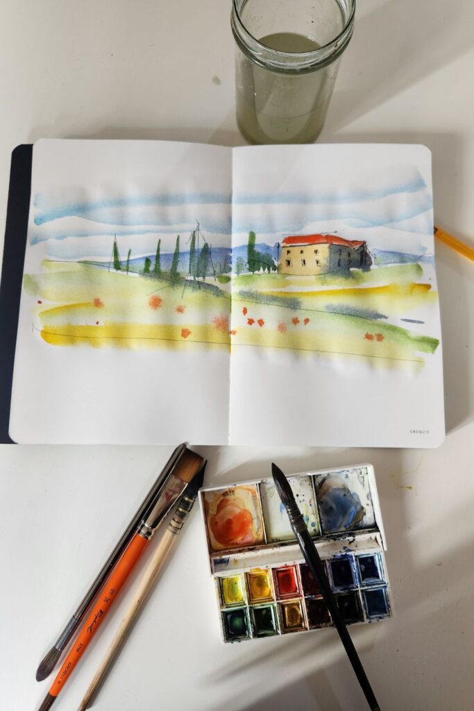 Aquarelle facile de maison de campagne