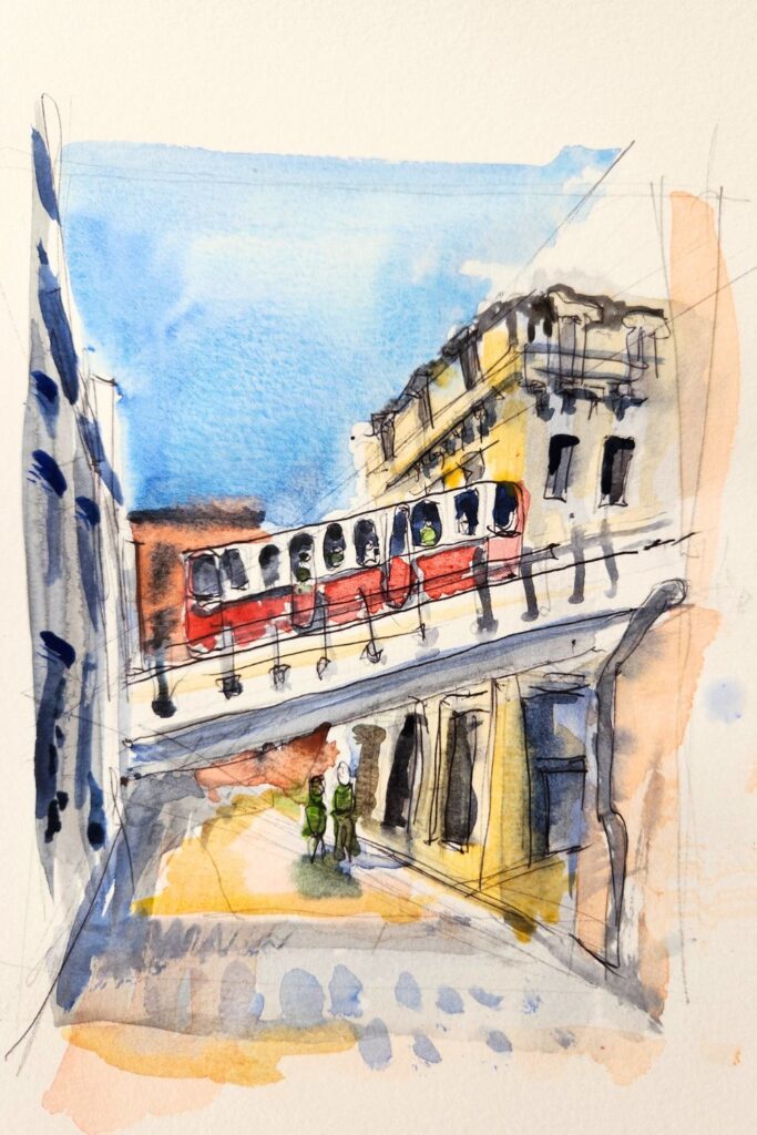croquis urbain aquarelle vieux lyon funiculaire