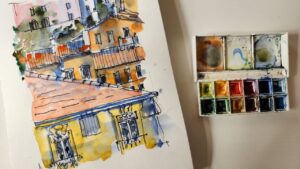 croquis urbain en encre et aquarelle