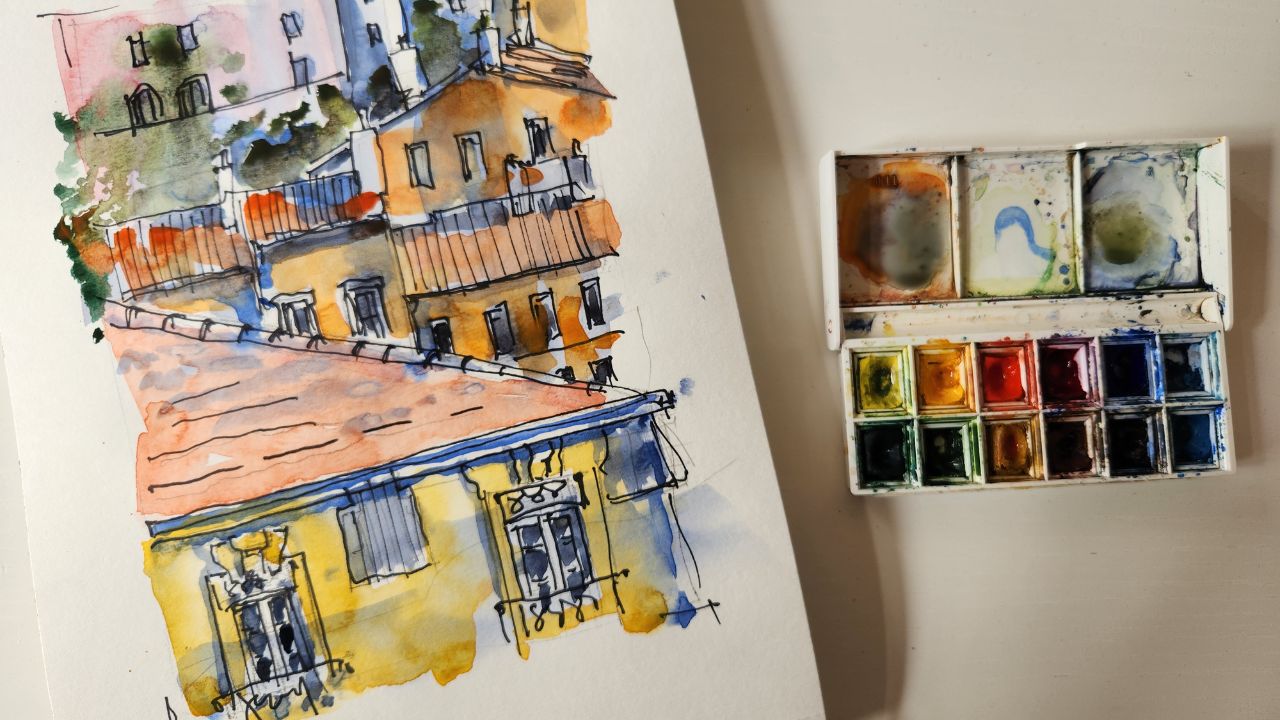 croquis urbain en encre et aquarelle