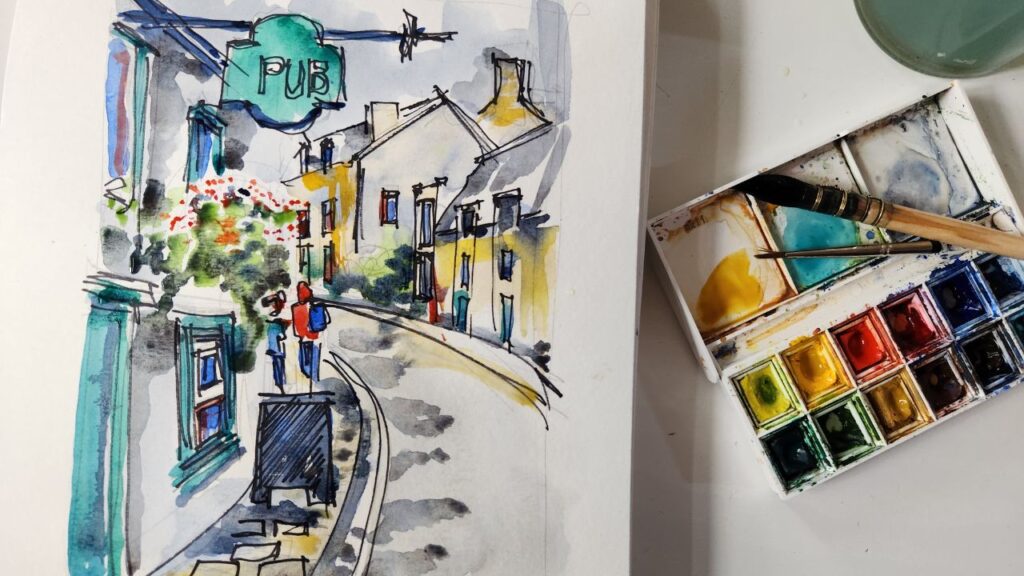 Croquis urbain à l’aquarelle : un pub irlandais