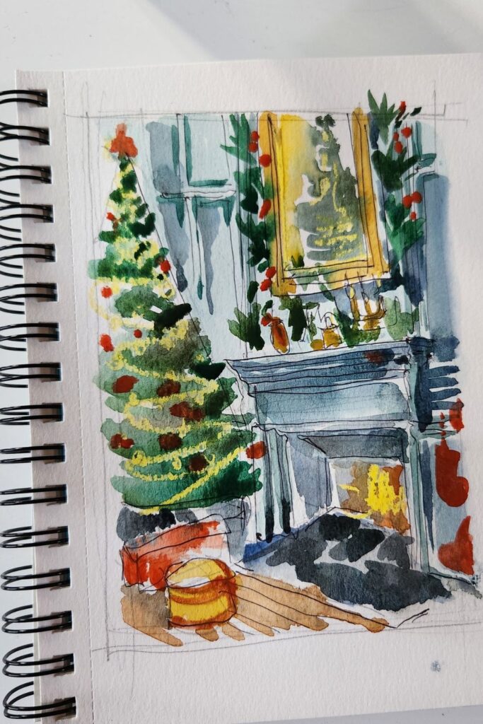 Aquarelle simple de Noël une cheminée de maison avec un sapin de Noël
