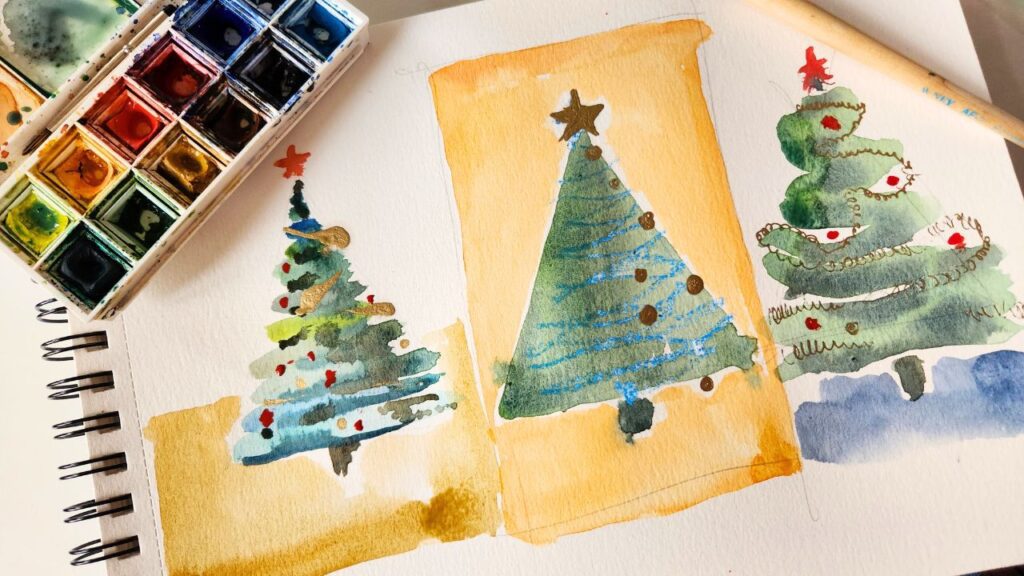 Aquarelle facile: 3 odèles de sapin de Noël simple ( débutants)