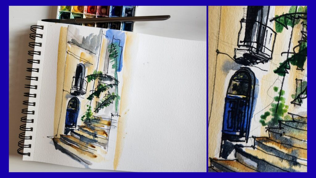 Dessin de Malte - une détail architectural d’une rue piétonne avec des marches