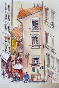 AQUARELLE croquis urbain lyon montee de la grande cote