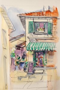 AQUARELLE croquis urbain terrasse de cafe