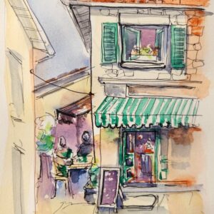 AQUARELLE croquis urbain terrasse de cafe