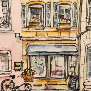 AQUARELLE devanture de magasin avec vélo