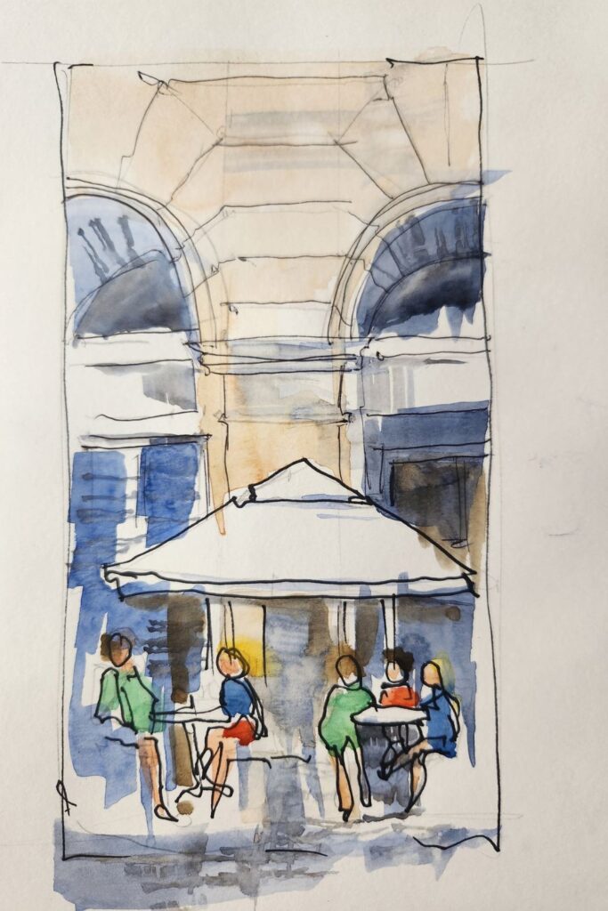 croquis urbain aquarelle terrasse de cafe de la gare