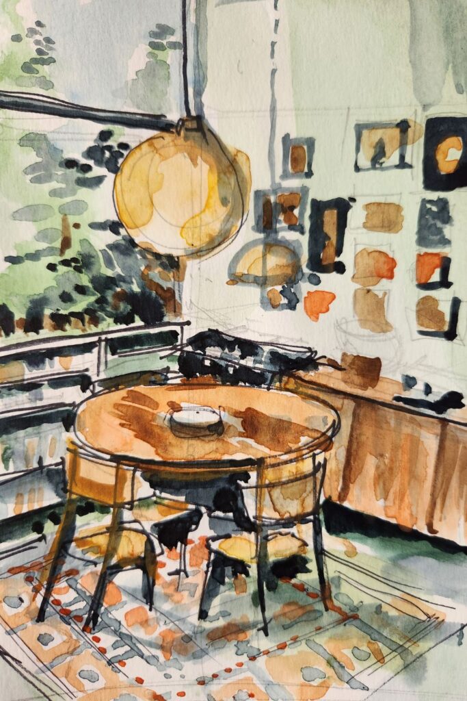 Comment faire facilement une aquarelle interieur maison ? découvrez ces exemples concrets de croquis rapides de salle à manger
