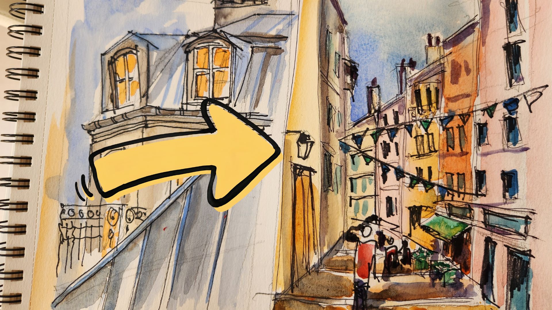croquis aquarelle de lyon: la montée de la croix rousse en perspective, vue d'en haut