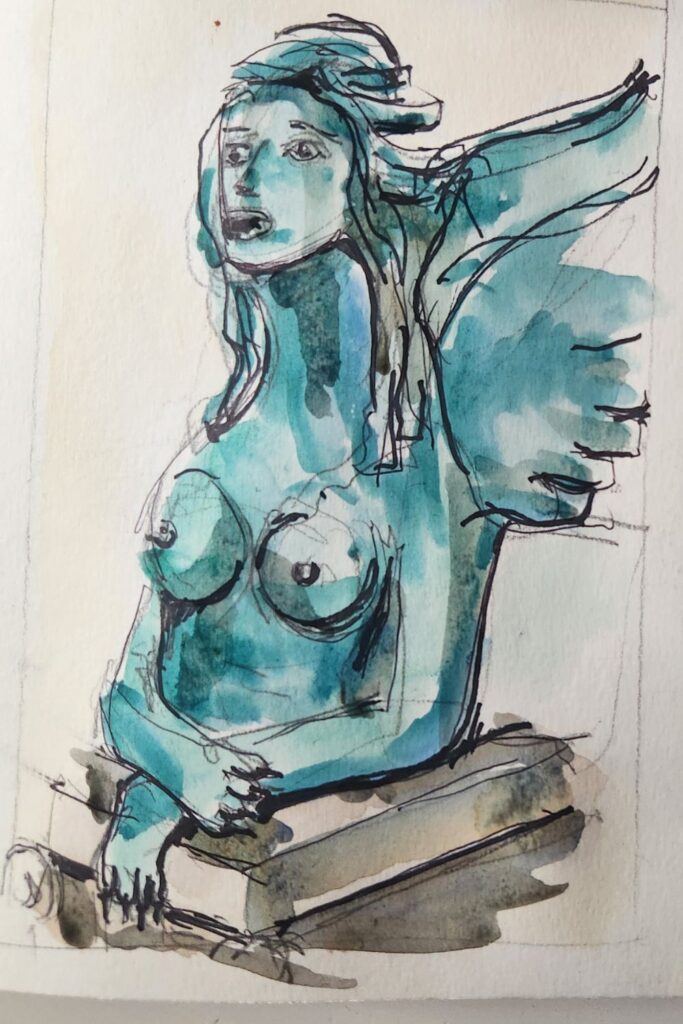 Croquis urbain à l’aquarelle : détail de la fontaine de la place Ampère à Lyon