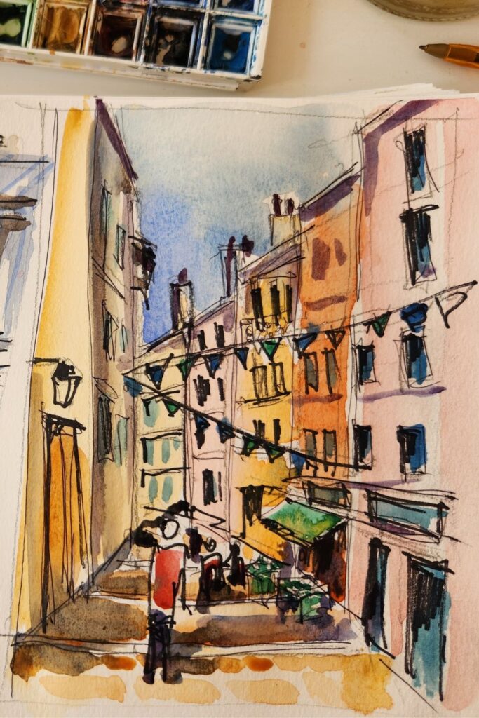 croquis urbain aquarelle montee de la grande cote lyon avec des solhouettes de personnages