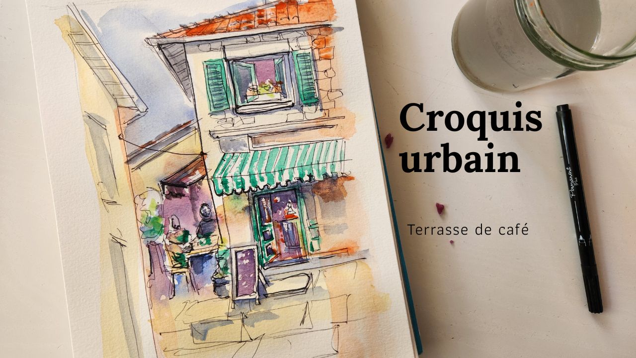 Croquis Urbain rapide de Terrasse de Café à l'Aquarelle